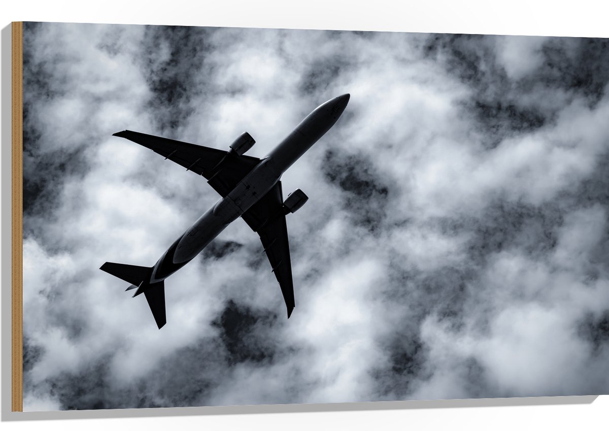 Hout - Onderaanzicht van Passagiers Vliegtuig in Sluierbewolking - 105x70 cm - 9 mm dik - Foto op Hout (Met Ophangsysteem)