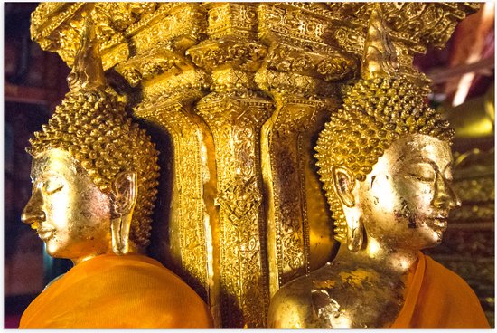Poster Glanzend – Pilaar met Gouden Boeddha's en Details - 75x50 cm Foto op Posterpapier met Glanzende Afwerking
