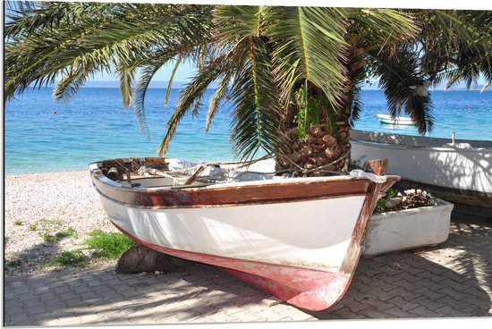 Dibond - Oude Vissersboot Geparkeerd op Vlonder onder Palmboom aan de Zee - 90x60 cm Foto op Aluminium (Wanddecoratie van metaal)