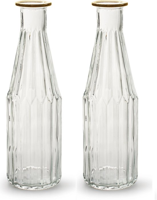 Jodeco - Bloemenvaas Marseille - 2x - Fles model - glas - transparant/goud - H25 x D7 cm