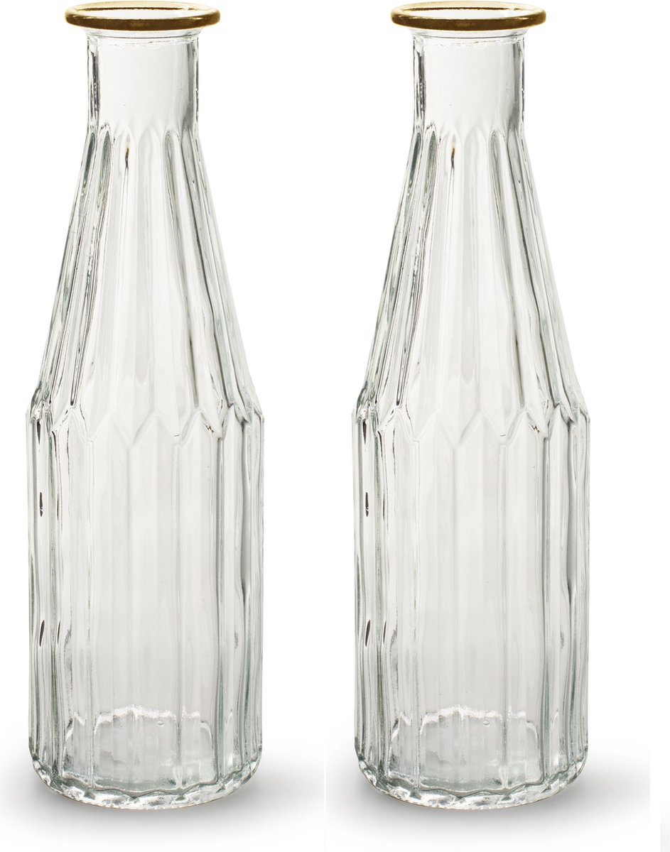 Jodeco Bloemenvaas Marseille - 2x - Fles model - glas - transparant/goud - H25 x D7 cm