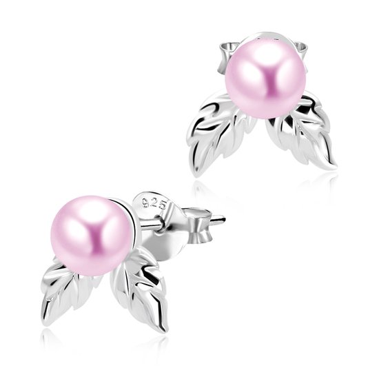 Joy|S - Zilveren oorbellen - roze parel met blaadjes - 5 x 12 mm - oorknoppen