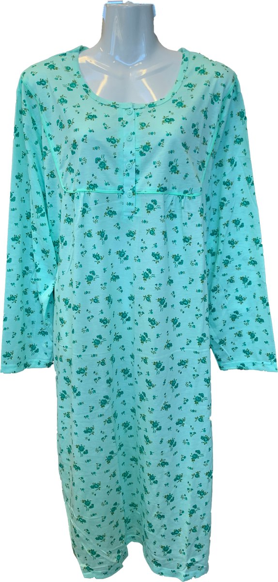 Dames Nachtjapon Gebloemd met lange mouwen - Kleur Turquoise - Maat L