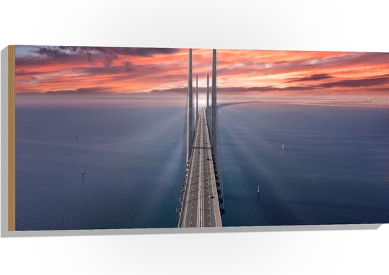 Hout - Ondergaande Zon bij Grote Autobrug boven het Water - 100x50 cm - 9 mm dik - Foto op Hout (Met Ophangsysteem)