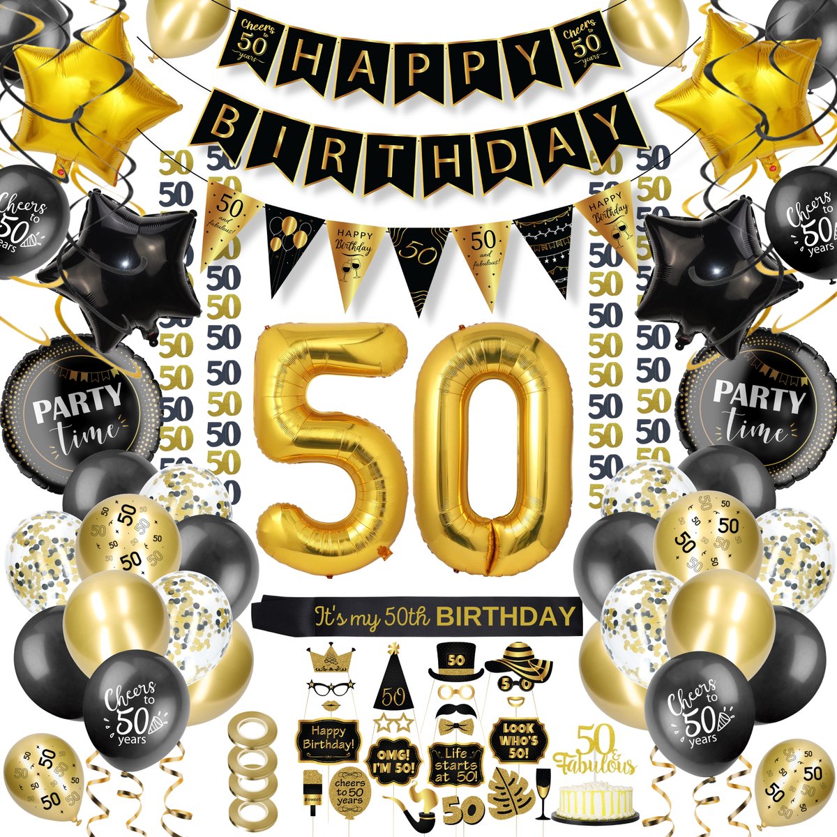 Partizzle 50 Jaar Feest Verjaardag Versiering Set - Happy Birthday Slinger & Ballonnen - Sarah Abraham Decoratie - Zwart en Goud - Partizzle®