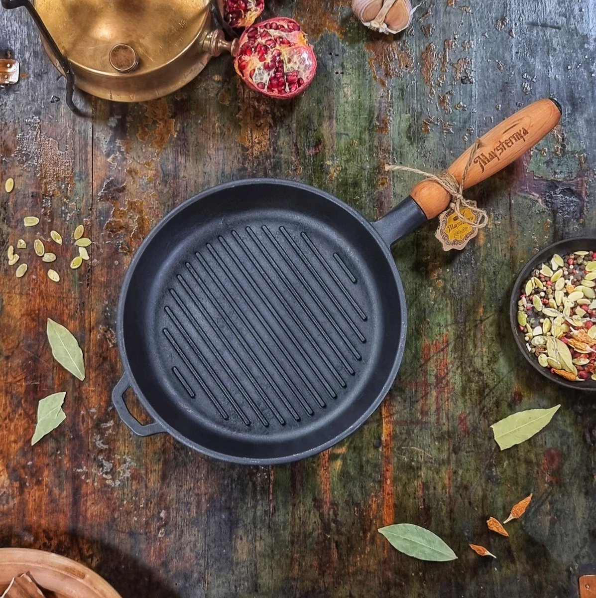 Maysternya Grillpan gietijzer met houten handvat 28 x 28 x 4 cm zwart