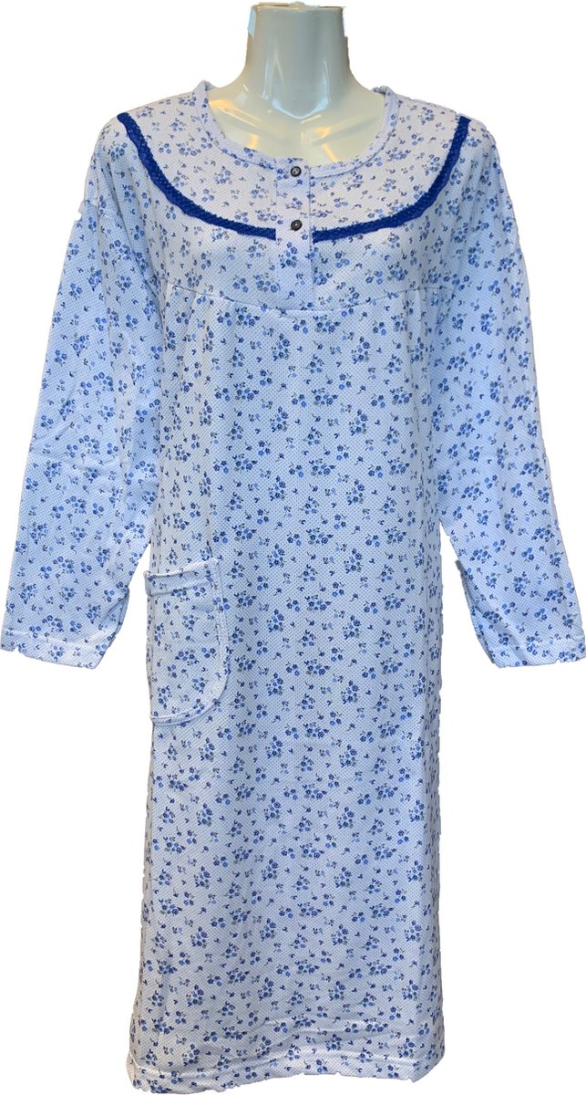 Dames Winter Nachtjapon Gebloemd (variant 2) - Kleur Blauw - Maat XL