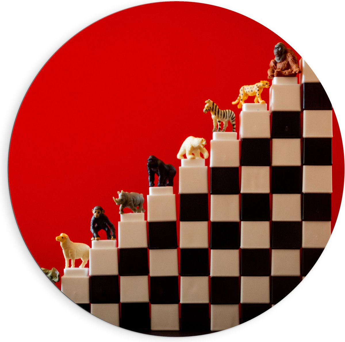 Dibond Muurcirkel - Speelgoed Dieren op Trap tegen Rode Achtergrond - 90x90 cm Foto op Aluminium Muurcirkel (met ophangsysteem)