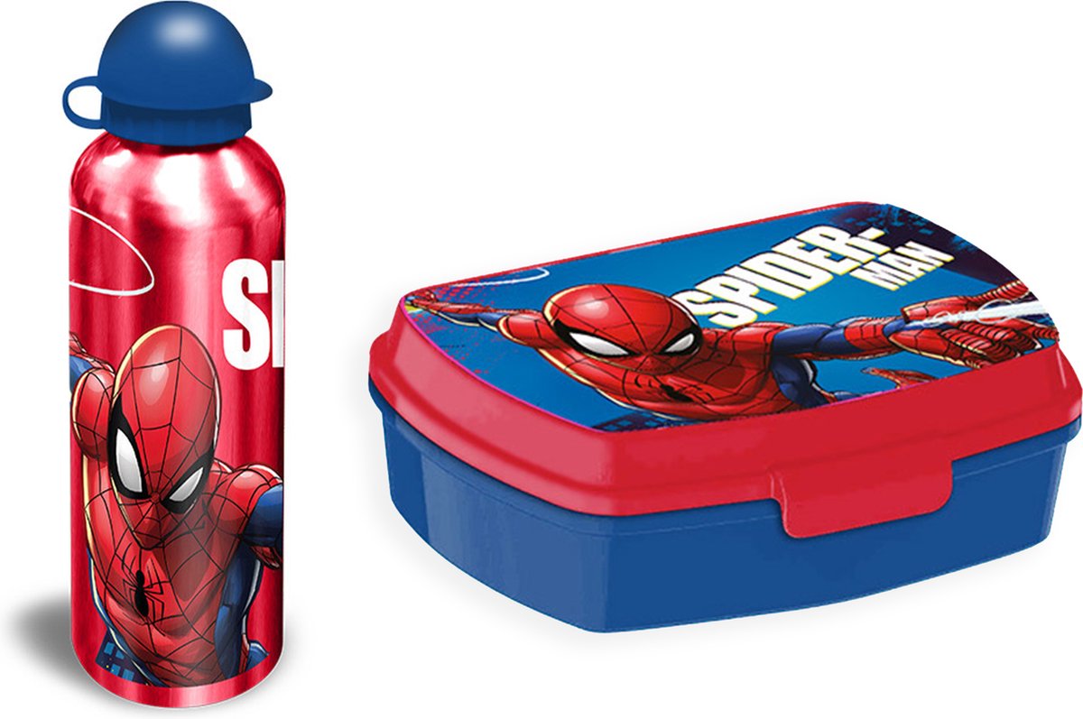 Spiderman Lunchset met waterfles 450ml en broodtrommel - Spiderman Aluminium Waterfles – Blauw - Broodtrommel spiderman