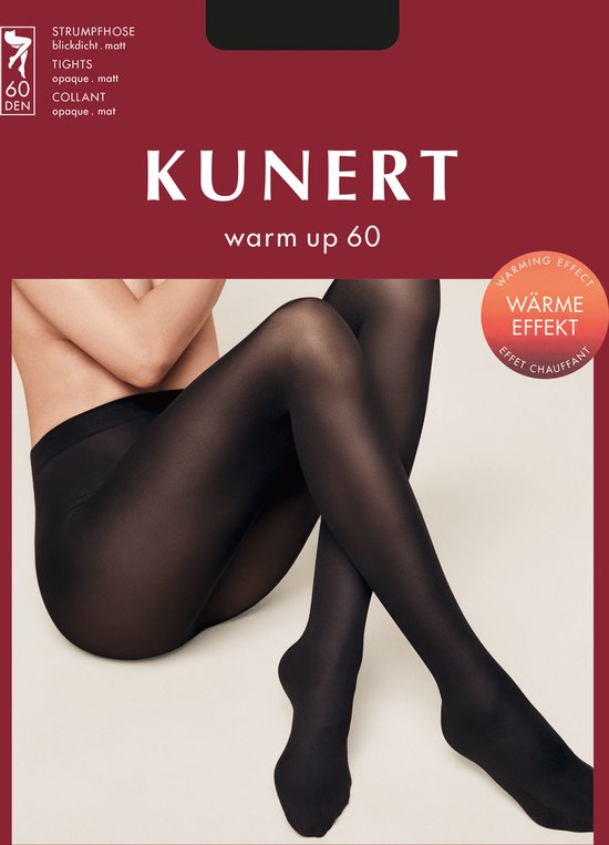 Verpakking van 60 denier ondoorzichtige, matte zwarte panty van Kunert met warmte-effect.