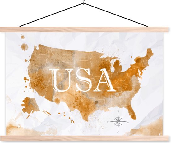 Posterhanger incl. Poster - Schoolplaat - Kaart - Amerika - Goud - 150x100 cm - Blanke latten