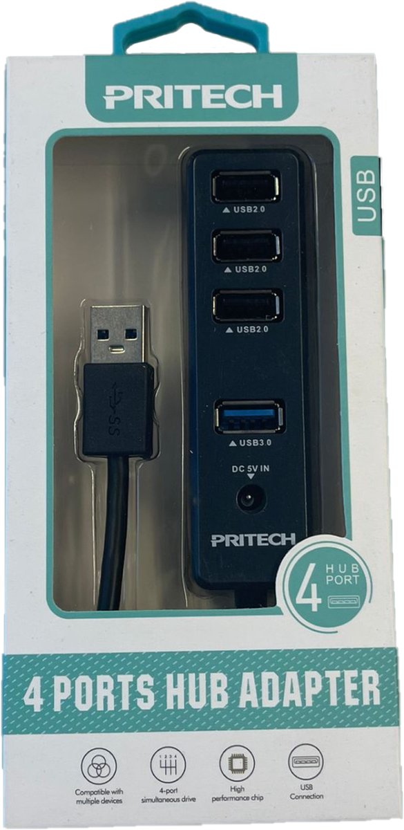 4 in 1 USB Poort - Verdeler - 3 Poorts 2.0 USB Hub - Geschikt voor Laptops en PC - 1 USB 3.0-poort - Zwart