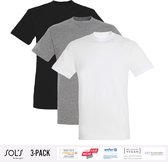 3 Pack Sol's Heren T-Shirt 100% biologisch katoen Ronde hals Zwart, Grijs en Wit Maat XL