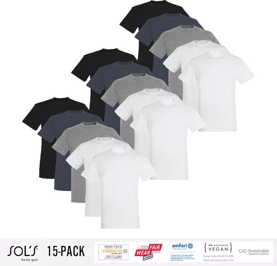 15 Pack Sol's Heren T-Shirt 100% biologisch katoen Ronde hals Zwart, Donker Grijs, Grijs / Lichtgrijs gemeleerd, wit Maat 3XL