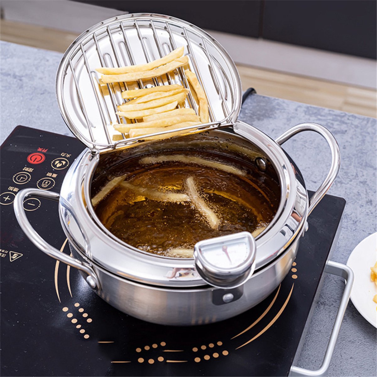 Japanse Frituurpan, Friteuse, Roestvrijstalen Frituurpan, Tempura Frituurpan met Thermometer, Inductiekookplaat, Compatibel voor Frituren en Koken (formaat 20cm Japanse Frituurpan, Friteuse, Roestvrijstalen Frituurpan, Tempura Frituurpan met Thermometer, Inductiekookplaat, Compatibel voor Frituren en Koken (formaat 20cm