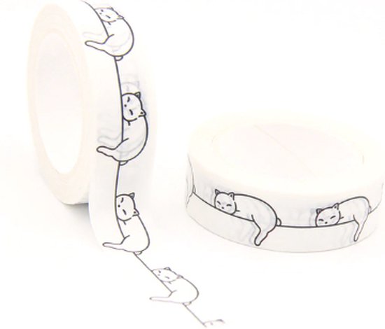 Witte rol plakband met zwart-wit illustraties van slapende en klimmende katten.