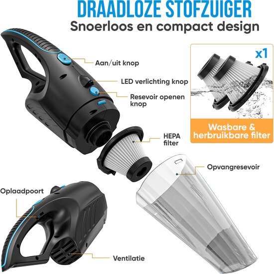 Strex Kruimeldief Draadloos & Snoerloos - Handstofzuiger voor Auto - Kruimelzuiger Nat & Droog - Mini Stofzuiger - 14000PA - HEPA Filter - LED Verlichting - Extra Krachtig - Autostofzuiger met Opzetstukken