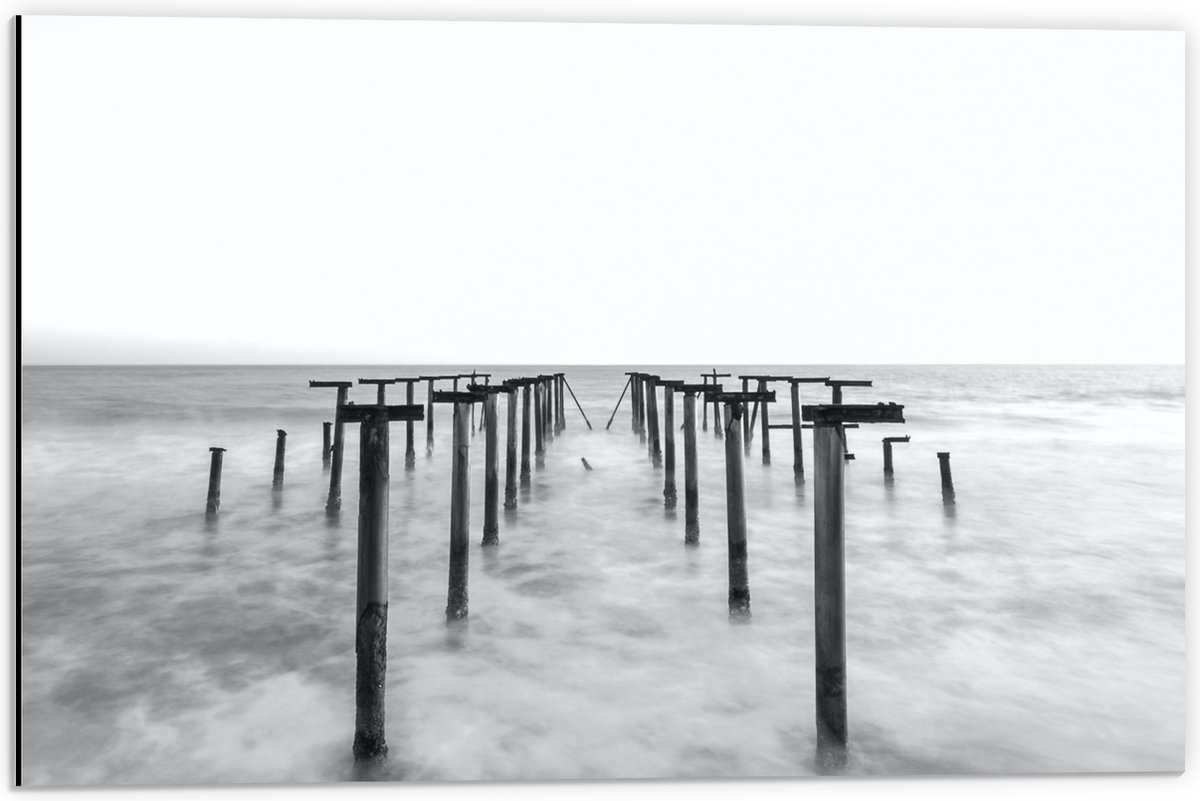 Dibond - Rij Palen in de Zee - 60x40 cm Foto op Aluminium (Wanddecoratie van metaal)