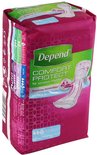 Doos 'Depend COMFORT-PROTECT Normal Plus Pads'. Toont een incontinentieverband, 4-in-1 technologie en 12 pads.