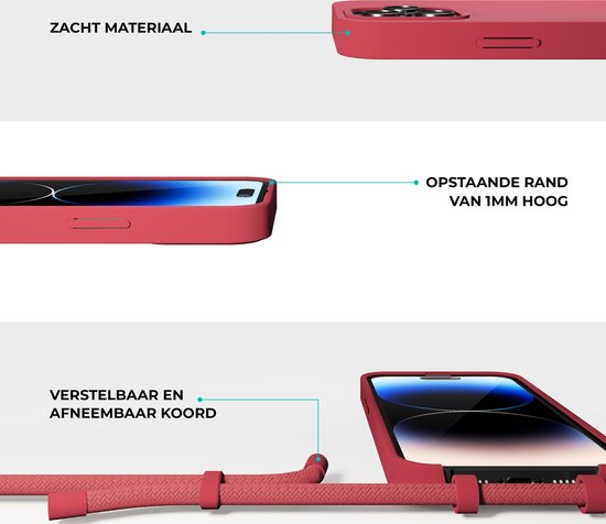 Coverzs Coque en silicone avec cordon - Coque pour téléphone avec cordon - Coque arrière avec cordon - cordon - convient pour Apple iPhone 14 Pro Max - rouge