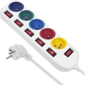 Maclean - Stekkerdoos met schakelaars - 5-polige verlengkabel - 250VAC/10A | 1,5m - Wit
