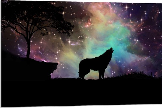 WallClassics - Dibond - Silhouette van een Wolf bij Sterrenhemel - 90x60 cm Foto op Aluminium (Wanddecoratie van metaal)