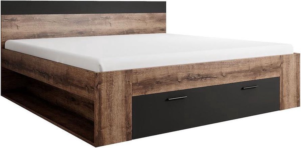 Trendmeubel - Tweepersoonsbed - Zwart - Eiken - 160x200 cm - Met Lattenbodem / Super ACTIE