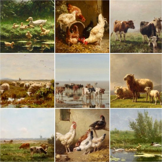 UNIEK & STIJL - blanco dubbele kaarten met envelop - wenskaarten set - 9 kaarten - zonder tekst - 14.8 x14.8 cm - kippen - koeien - schapen - eendjes - kunstkaarten - oud Hollandse meesters