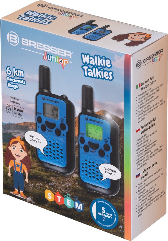 Bresser Junior Walkie Talkie - Set van 2 - Blauw - Bereik van 6km - Geschikt Voor Kinderen Vanaf 8 Jaar