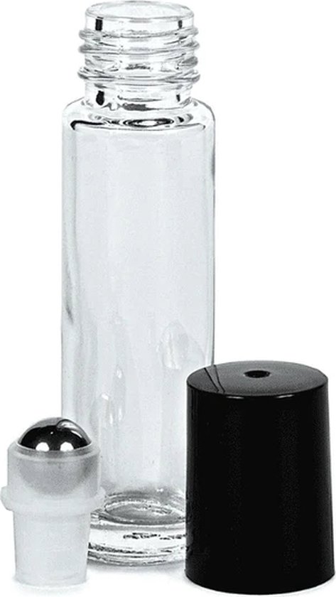 Flacon Roller Glas 10 ml Vide 1 pièce - Roll-on, Flacons Roller en Glas Transparent - Bille en Acier Inoxydable - Bouchon Transparent, Noir - Huile Essentielle - Rollers de Parfum