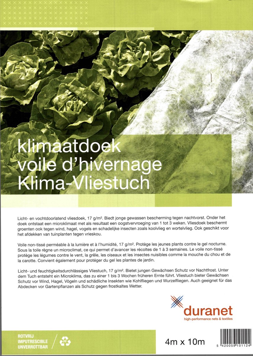 Vliesdoek - klimaatdoek - plantenbescherming - 4 x 10 meter 17 g/m2 - Duranet