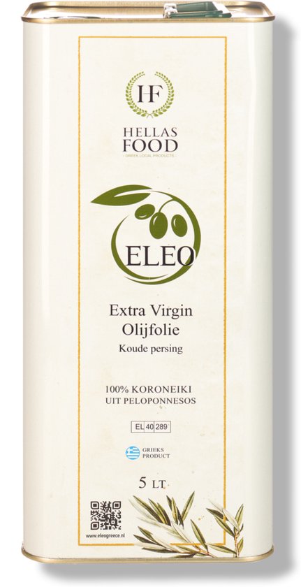 ELEO (5 Liter) Extra Virgin Olijfolie - Prijswinnaar - Griekse Koroneiki - Uit: Amaliada, Peloponnesos - Superieure Kwaliteit - Zeer Lekker - Uitermate Gezond - Rijk aan Antioxidanten