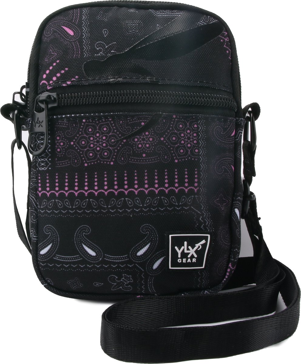 YLX Juss Crossbody Bag. Black geo paisley. Zwart, paars.Recycled Rpet materiaal. Eco-friendly. Telefoontas. Dames, heren, jongens, meisjes, vrouwen, mannen, middelbare scholieren, tieners - YLX travel gear