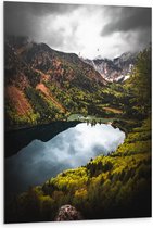 WallClassics - Dibond - Donkere Wolken boven Rivier in Bosgebied - 80x120 cm Foto op Aluminium (Wanddecoratie van metaal)