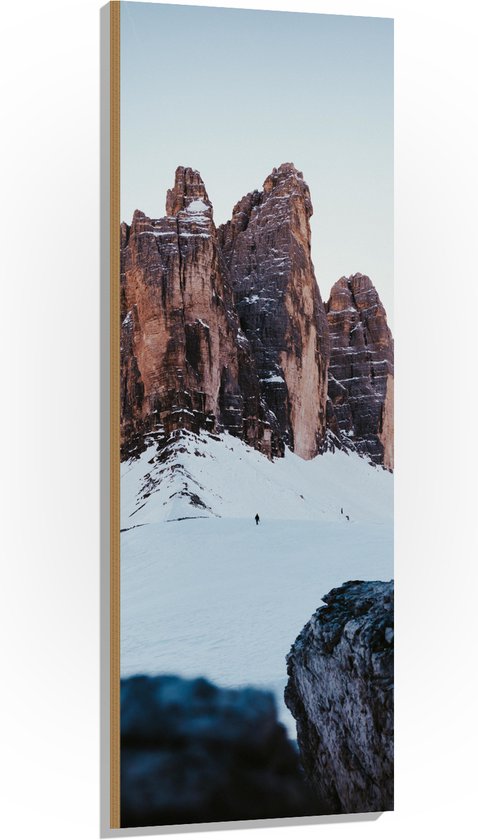 WallClassics - Hout - Berg in Sneeuwlandschap - 50x150 cm - 12 mm dik - Foto op Hout (Met Ophangsysteem)