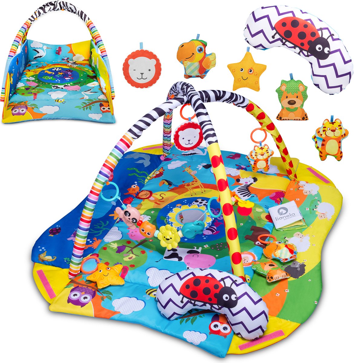 Bol.com Lionelo Anika Plus 2-in-1 Babygym & Speelkleed – Met Verhoogde Randen (Boxfunctie) – Inclusief Tummy Time Kussen, Intera... aanbieding