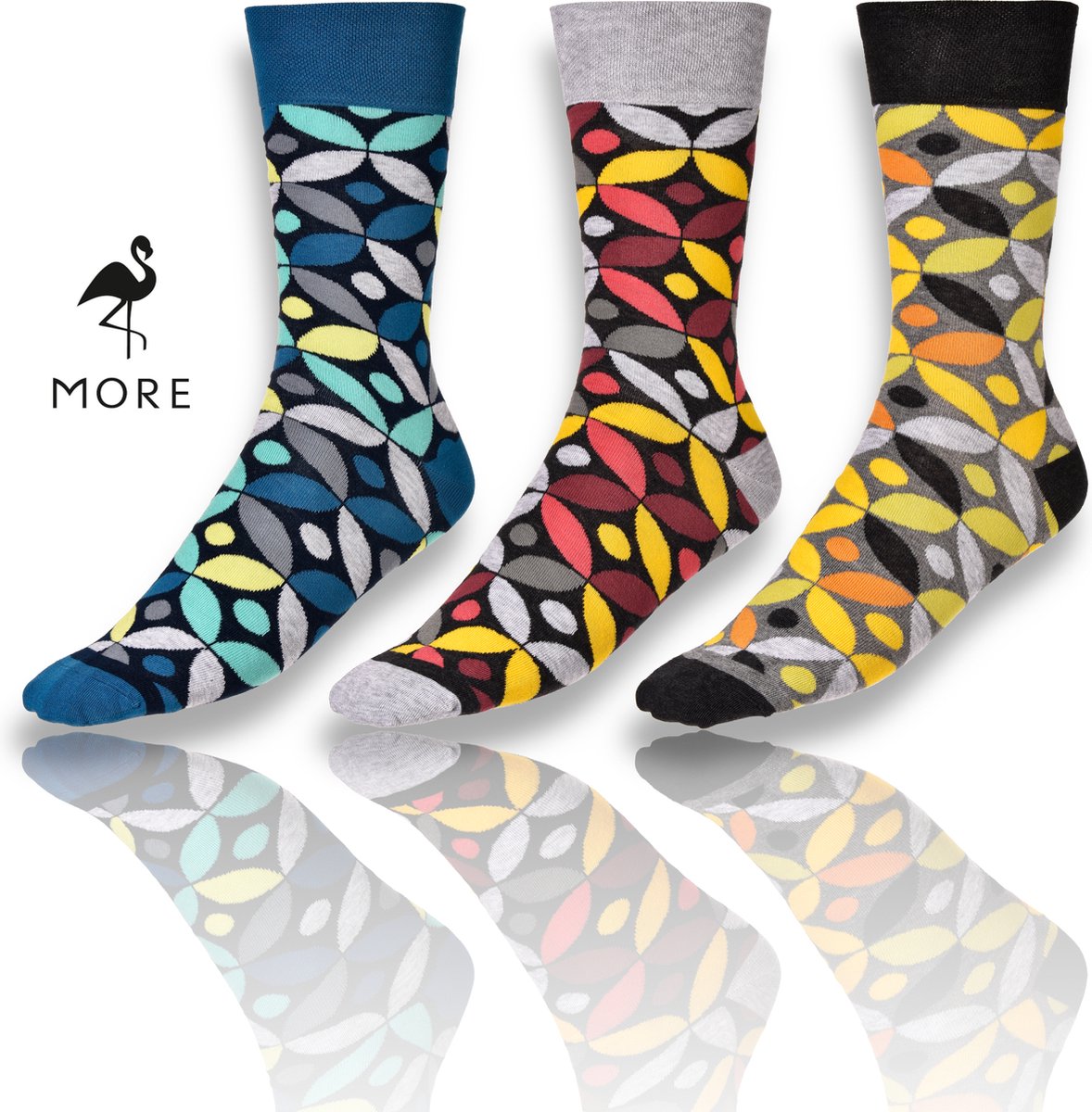 More Fashion - Elegante Heren Sokken Maat 39 40 41 42 - 3-Pack - Leuke Print - Kleurrijk Casual Extravagant - Zwart Grijs Blauw Geel Rood Turquois - MADE IN EU