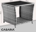 Afmetingen van de grijze polyrattan bijzettafel: 45x45x40cm.