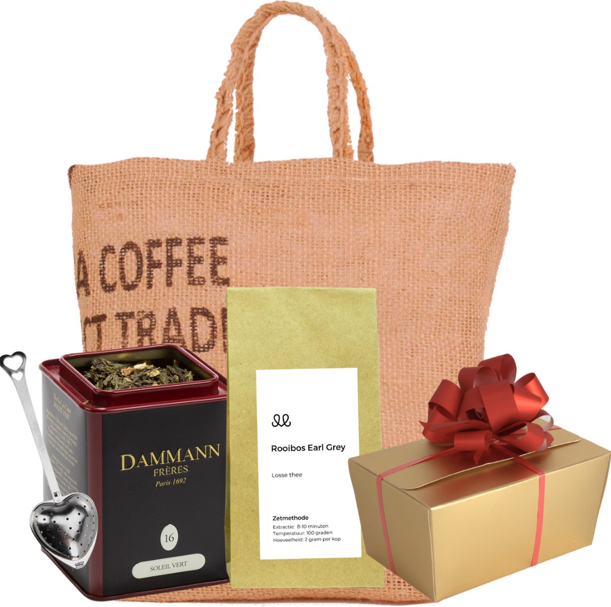 Cadeaupakket | Losse thee & bonbons - Thee van Dammann Frerès, Ambachtelijke Belgische bonbons & Handgemaakte duurzame jute zak gemaakt van koffiebalen