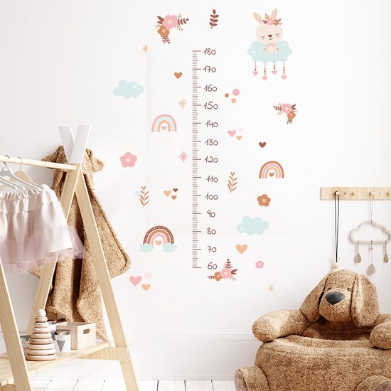 Groeimeter | Rh!no | Muursticker | Deursticker | Decoratie kinderkamer | Kraamcadeau | Verjaardagscadeau | Babykamer | Babyshower | Kindermeetlat Regenboog Roze | Babykamer | Jongens & Meisjes - Dieren sticker | Behangstickers