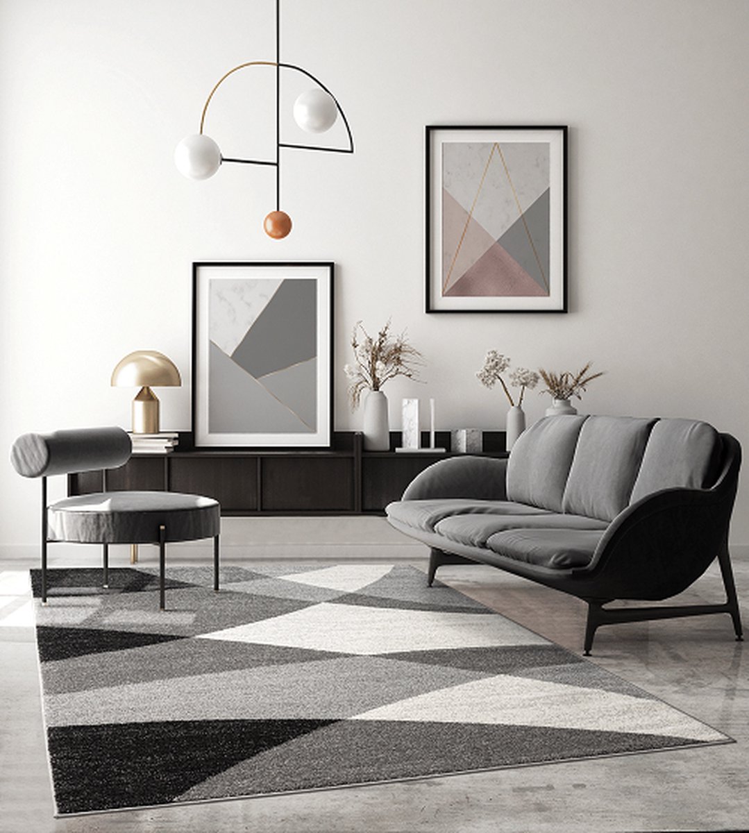 Modern Geometrisch Laagpolig Vloerkleed – Stijlvol Design in Grijs, cream & Zwart-240 x 330 cm