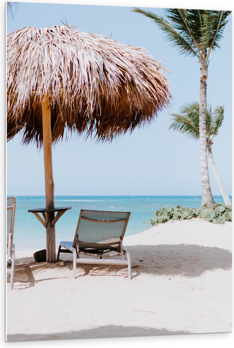 PVC Schuimplaat- Ligbedden onder Rieten Parasol met Palmboom - 80x120 cm Foto op PVC Schui