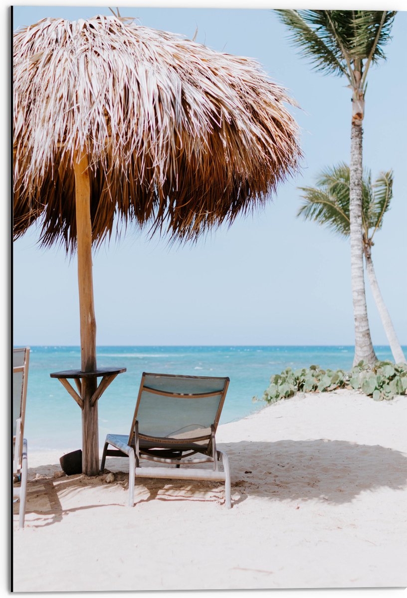 Dibond - Ligbedden onder Rieten Parasol met Palmboom - 50x75 cm Foto op Aluminium (Met Oph