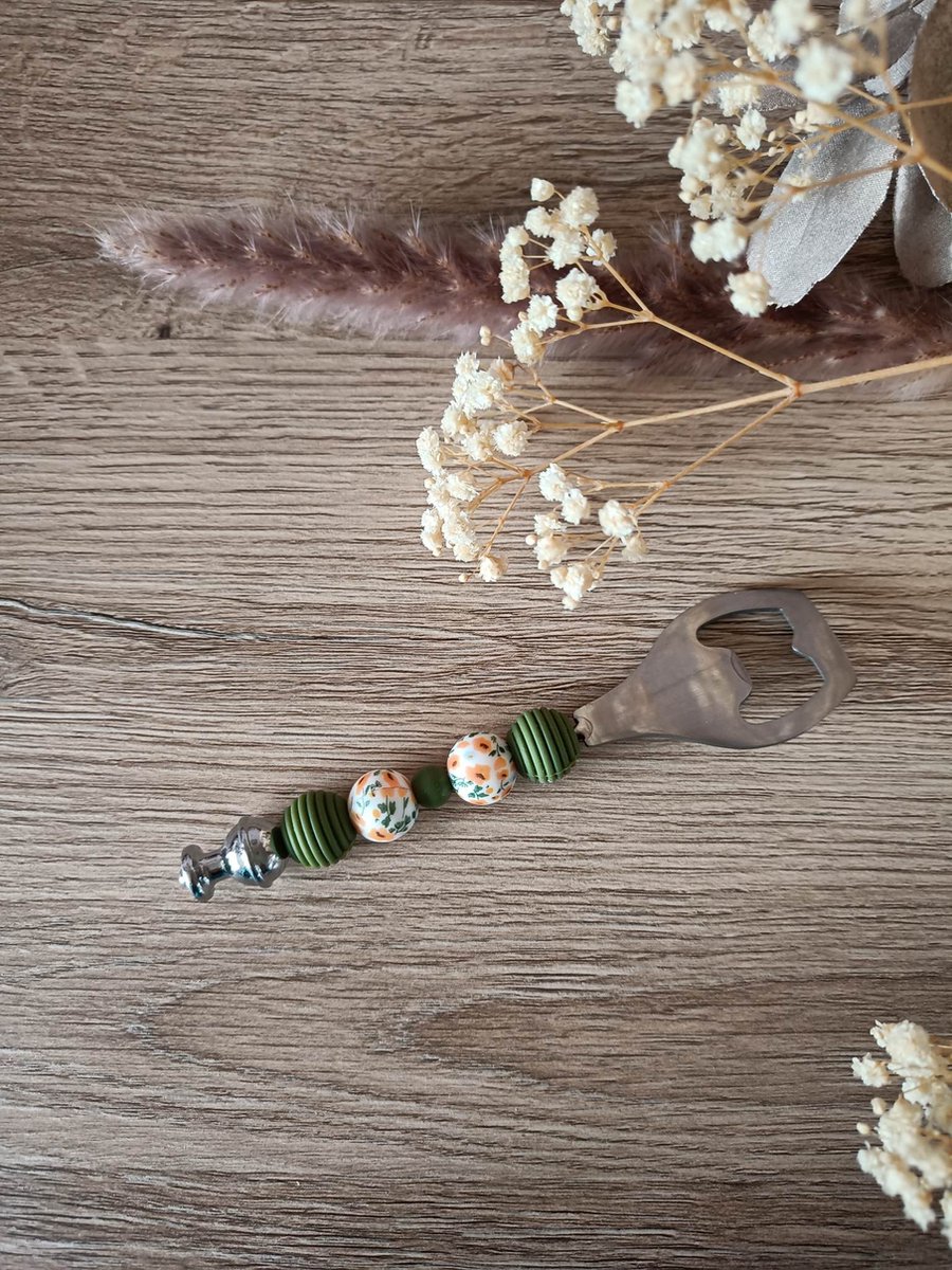 Flesopener met Kralen - Flessenopener RVS - 1 stuk - Gepersonaliseerde flesopener - Green Orange Flowers - Flesopener Cadeau