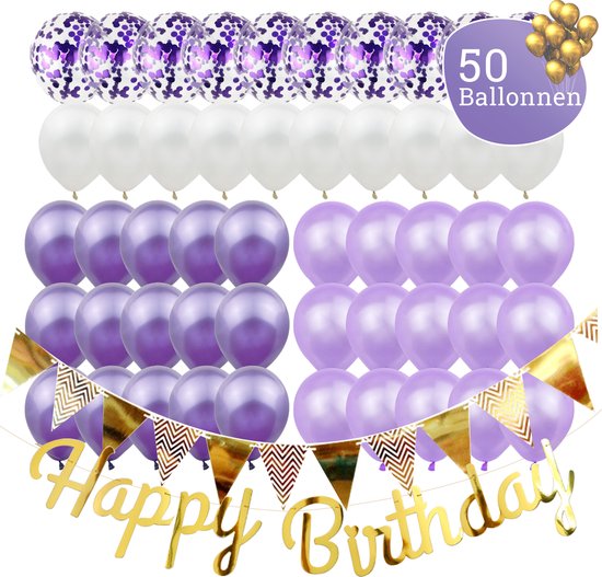Lila ballonnen Verjaardag & Versiering Set – 50 ballonnen - Incl. Happy Birthday Slinger, Vlaggenlijn, Lint en 50 Ballonnen – Kant en Klaar Feest Pakket