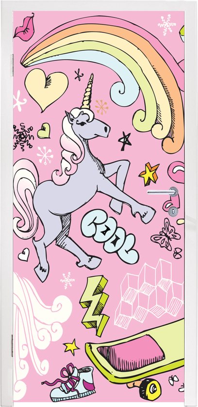 Deursticker eenhoorn - Deurdecoratie meisjes - Meisjes - Design - Unicorn - Regenboog - Roze - 80x205 cm - Slaapkamer decoratie - Cadeau meisje 7 jaar