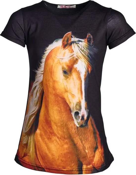 Meisjes - t-shirt - korte mouwen- paard - horse - print - zwart - maat 110/116