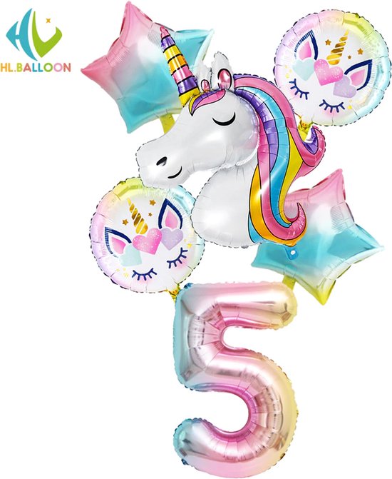 Unicorn Ballonnen Set - Leeftijd: 5 jaar - Themafeest Eenhoorn / Unicorns - Meisjes Verjaardag Versiering / Feestpakket - Unicorn Kinderfeestje - Heliumballon / Leeftijdballon / Folieballon - Feestversiering - Eenhoorn / Paarden Kinderfeestje