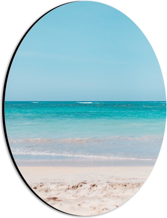 WallClassics - Dibond Ovaal - Felblauwe Zee aan het Witte Strand - 21x28 cm Foto op Ovaal (Met Ophangsysteem)