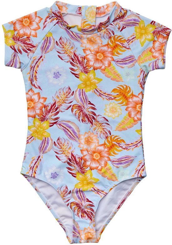 Snapper Rock - UV Zwempak voor meisjes - Korte mouw - Boho Tropical - Blauw - maat 16 (156-163cm)